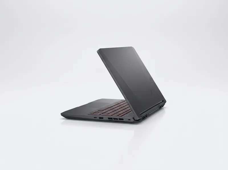 Charcoal laptop with subtle gamer styling, open at three-quarter angle