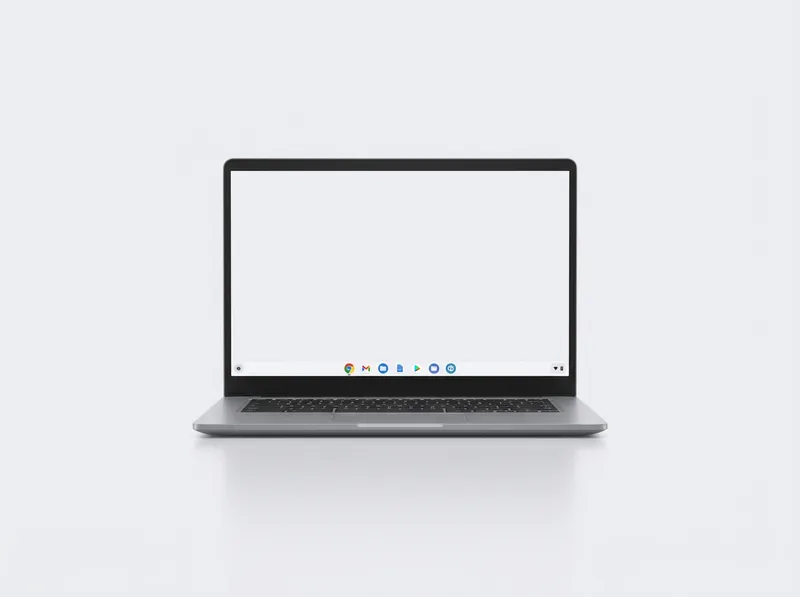 Silver-grey Chromebook with clean minimal design, ChromeOS shelf on screen