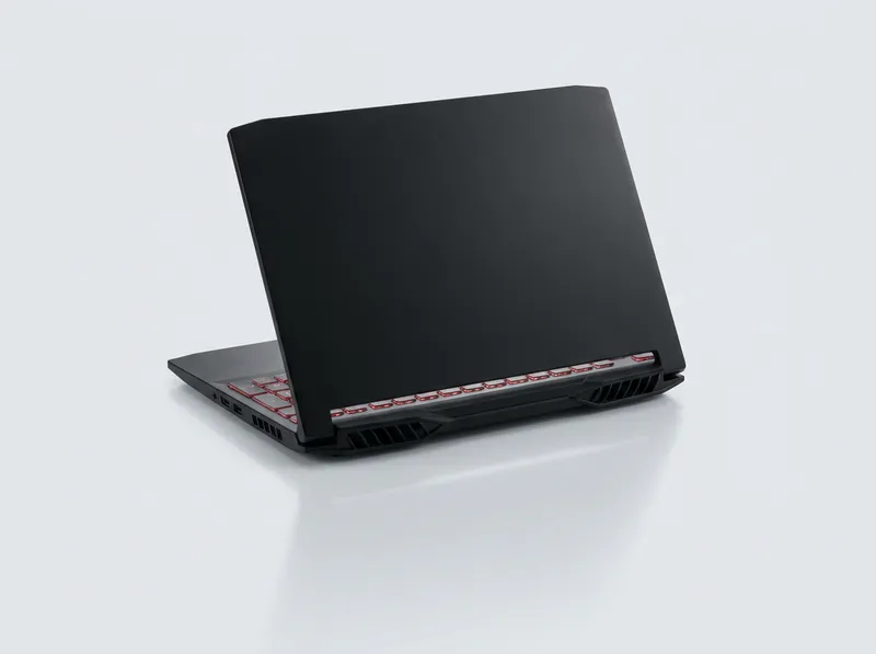 Black budget gaming laptop with angular vents and red-accent keyboard