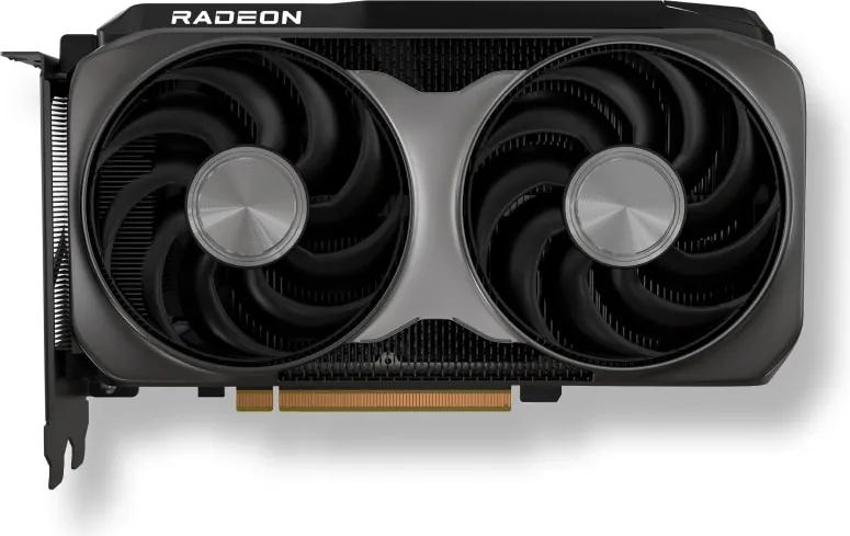 Compact dual-fan graphics card render with red accents, dark studio background