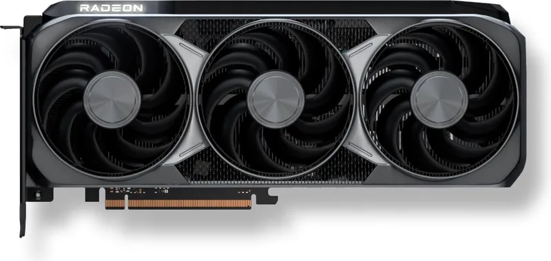 Triple-fan graphics card render with red accent lighting, dark studio background