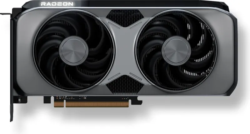 Dual-fan graphics card render with subtle red accents, dark studio background
