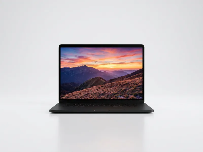 Matte black creator laptop with touch display showing colour-graded photo edit