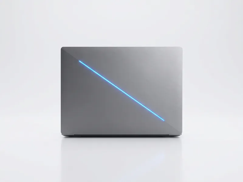 Compact grey gaming laptop with diagonal LED slash on the lid