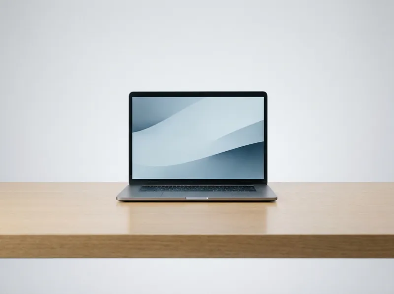 Understated silver-grey corporate laptop open on an office desk