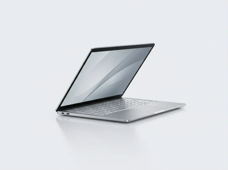 Silver thin-and-light laptop open at an angle, minimal studio backdrop
