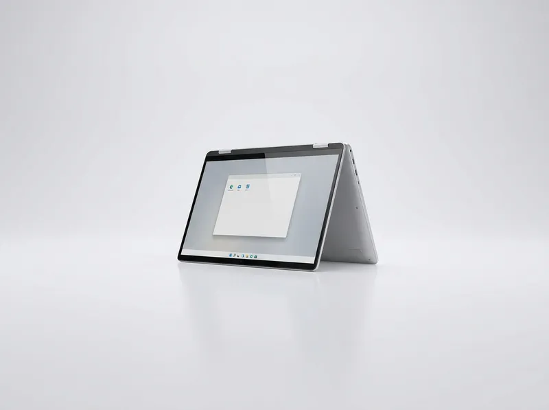 Silver convertible laptop folded into tent mode with touch display facing out