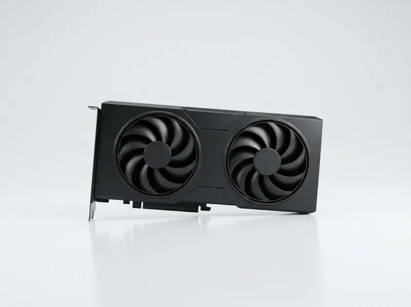 Sleek dual-fan graphics card render in matte black, minimal studio lighting