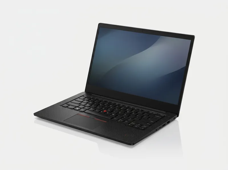 Matte black business ultrabook with red TrackPoint, open at an angle