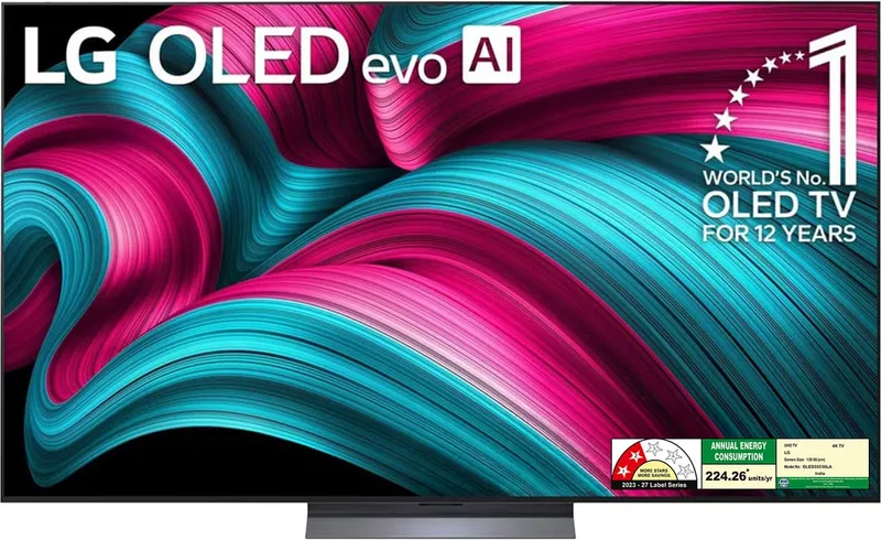 Slim OLED TV on minimal stand showing vivid abstract wallpaper