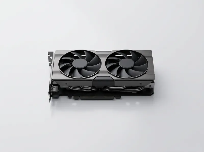 Compact dual-fan graphics card render, dark industrial style