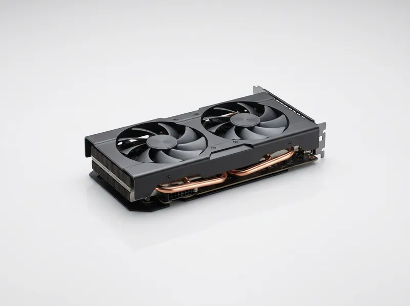 Compact dual-fan mainstream graphics card render, dark industrial style