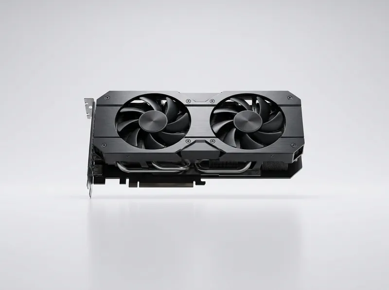 Dual-fan graphics card render, dark industrial style