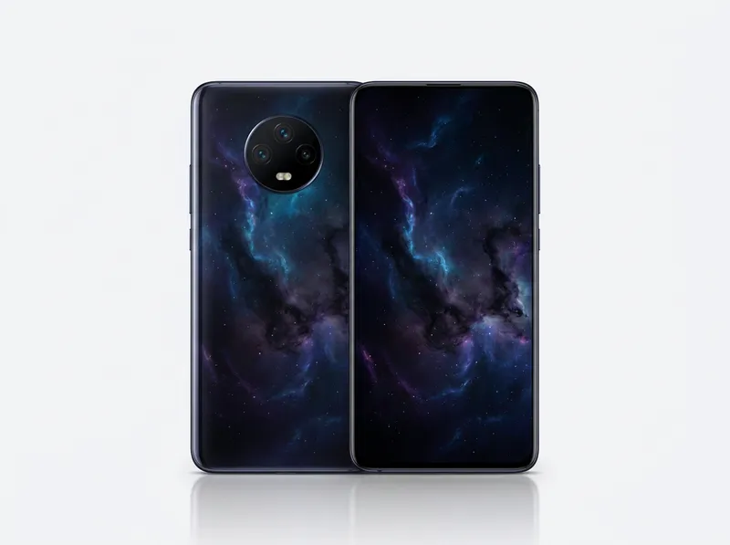 Sleek phone with circular triple-camera module in dark nebula finish, front and back view