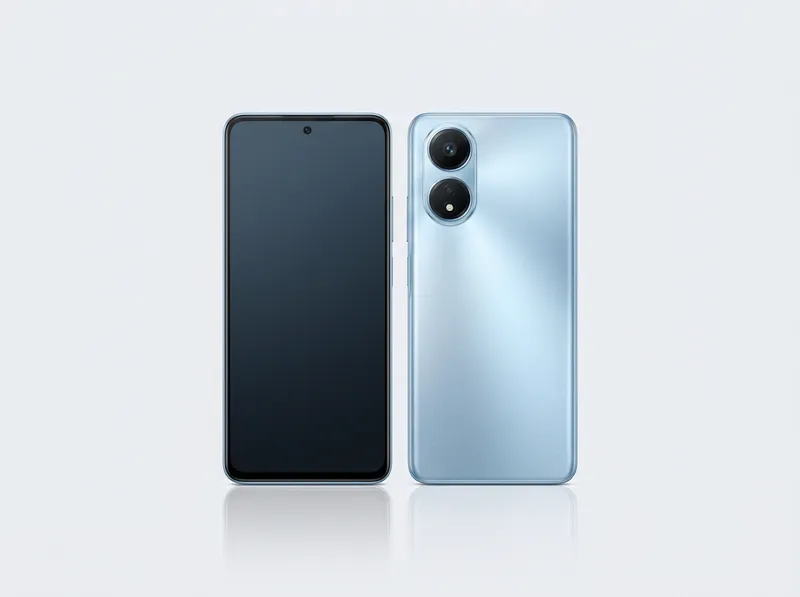 Mid-range phone with dual vertical cameras in icy blue finish, front and back view
