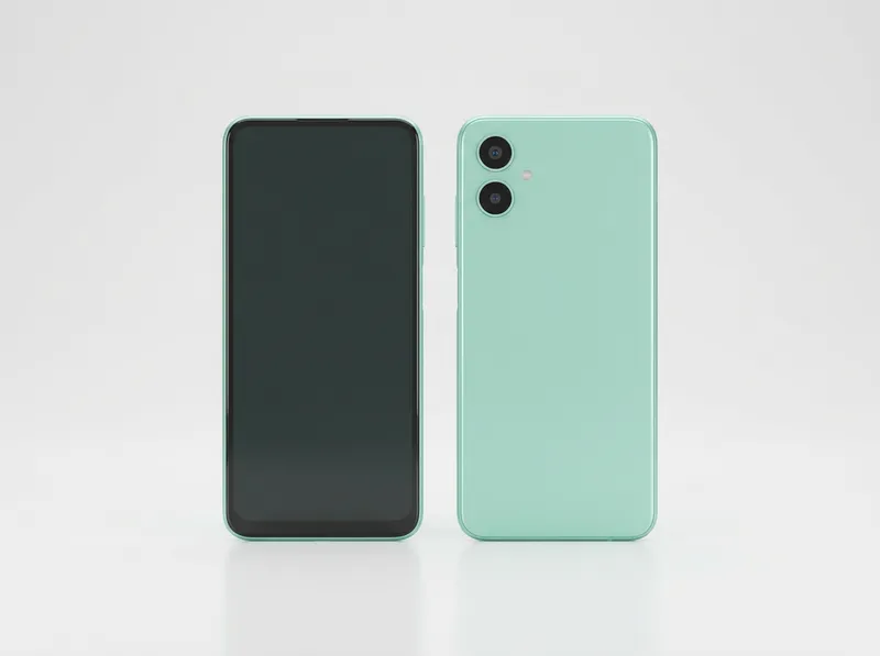 Slim budget phone in mint green with vertical dual cameras, front and back view