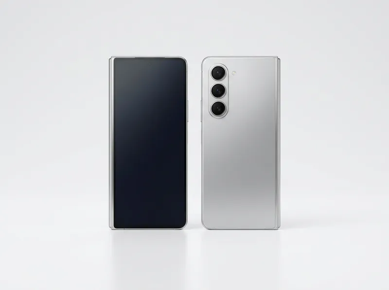 Large flagship phone in silver with three vertical floating camera rings, front and back view