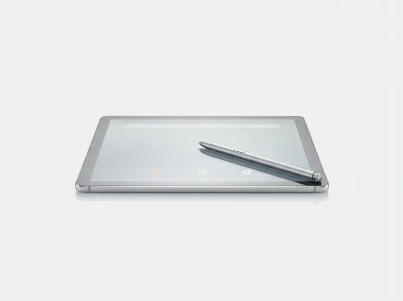 Slim silver Android tablet with stylus resting on the display