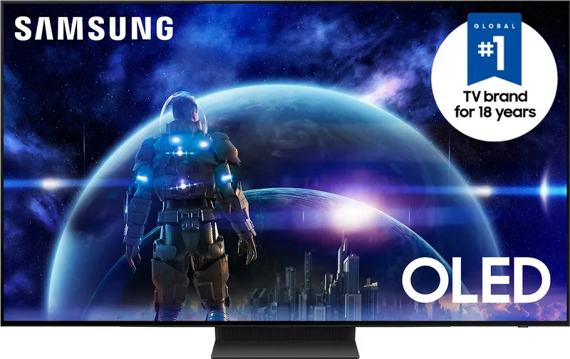Ultra-slim OLED TV with near-bezel-less screen on a central pedestal stand, dark abstract imagery on display (Series image; 48-inch unit shown (no 55-inch official photo available))