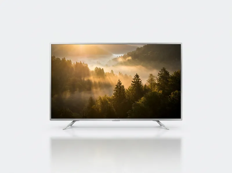 Slim-bezel OLED TV on two blade-style feet showing a cinematic nature scene