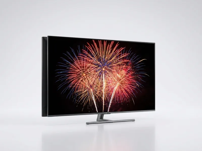 Modern thin-bezel Mini LED TV on central metal stand displaying bright HDR fireworks