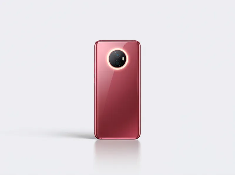 Slim curved-edge phone with circular dual-camera module and aura ring light in rose red