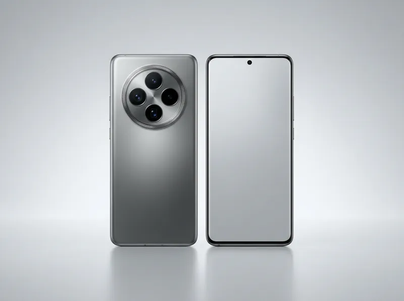 Premium camera phone with oversized circular lens module in titanium grey, front and back view