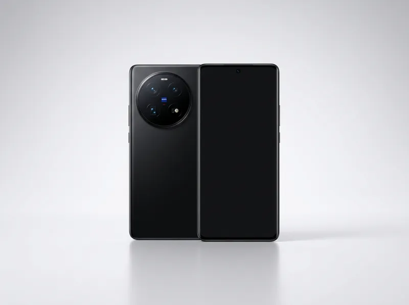 Camera-focused flagship phone with large circular Zeiss camera module in black, front and back view