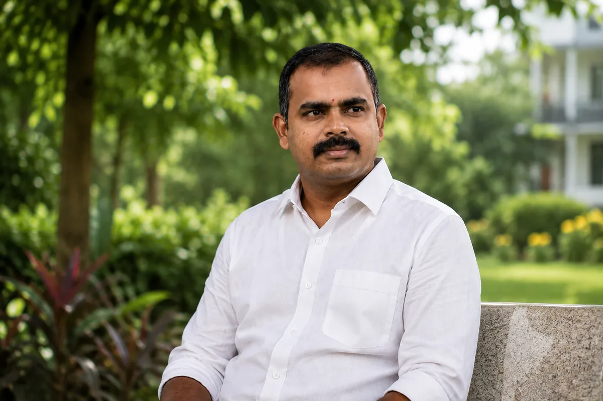Muniyappan Nataraj in a white shirt, seated on a stone bench in a garden
